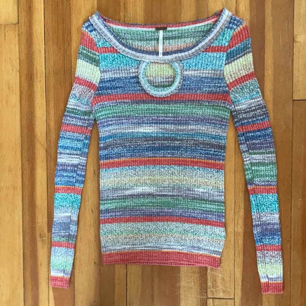 Fun multicolor striped Free People sweater - size XS with keyhole cutout